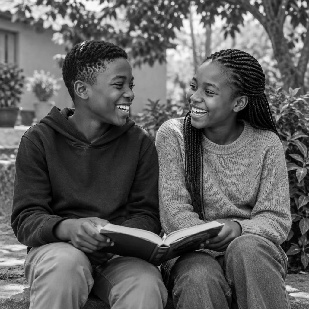 Illustrative black-and-white editorial photograph of two young people sharing a book and a laugh.